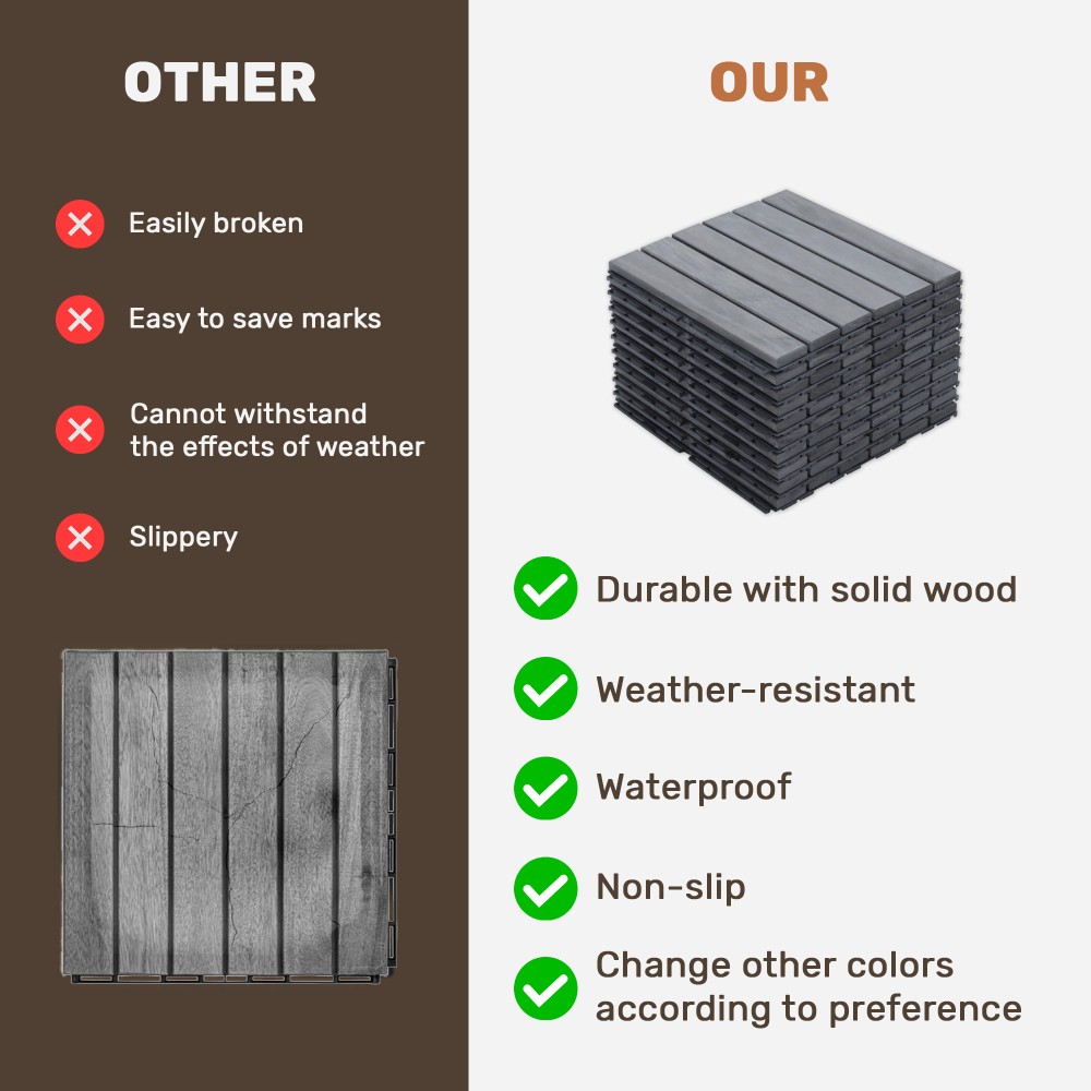 30PCS 12x12in Light Gray Acacia Wood Interlocking Deck Tiles Striped Outdoor