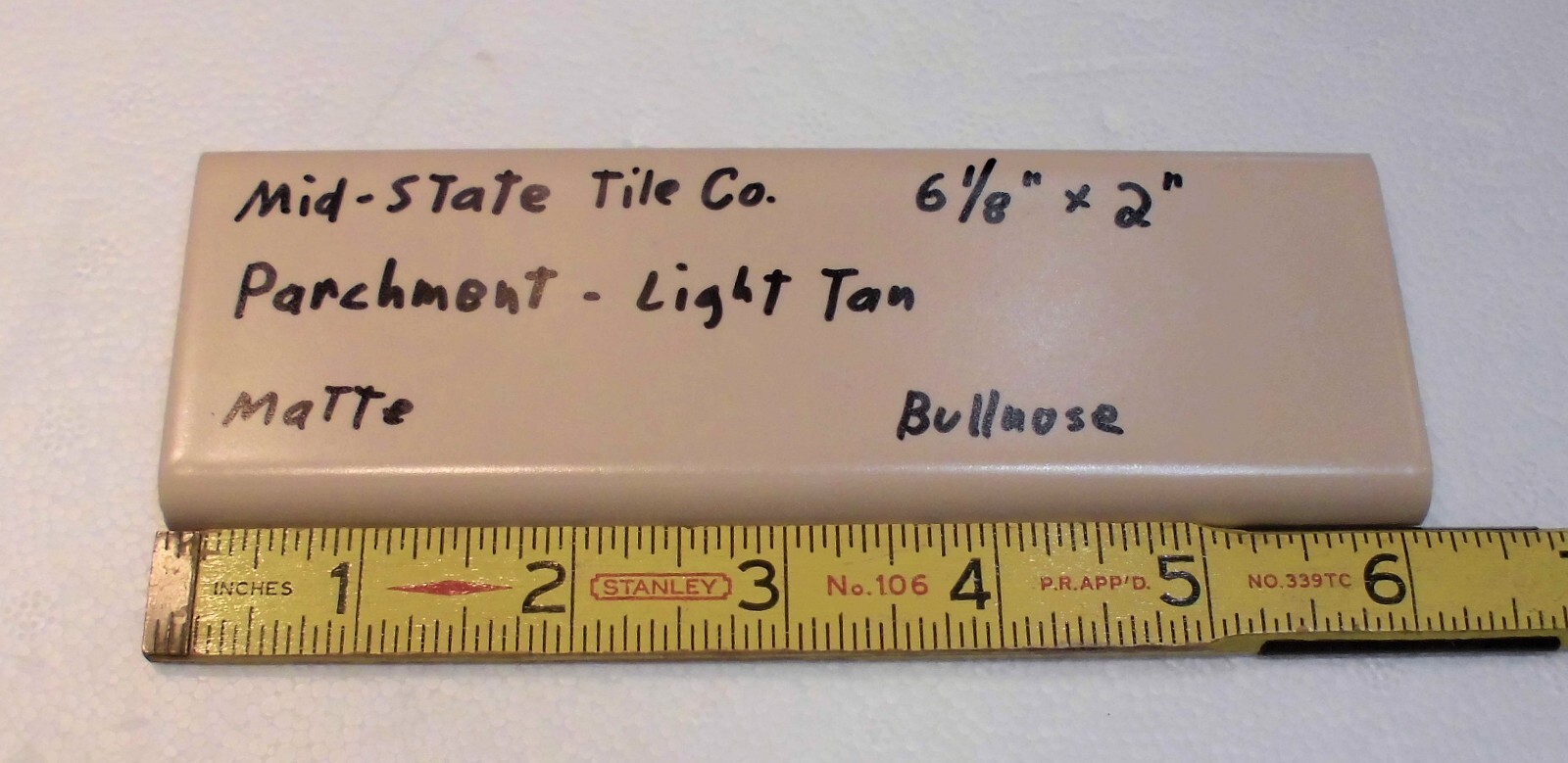 1 pc. Parchment-Light Tan 2” X 6-1/8” Matte Ceramic Bullnose Tile Mid-State Co.