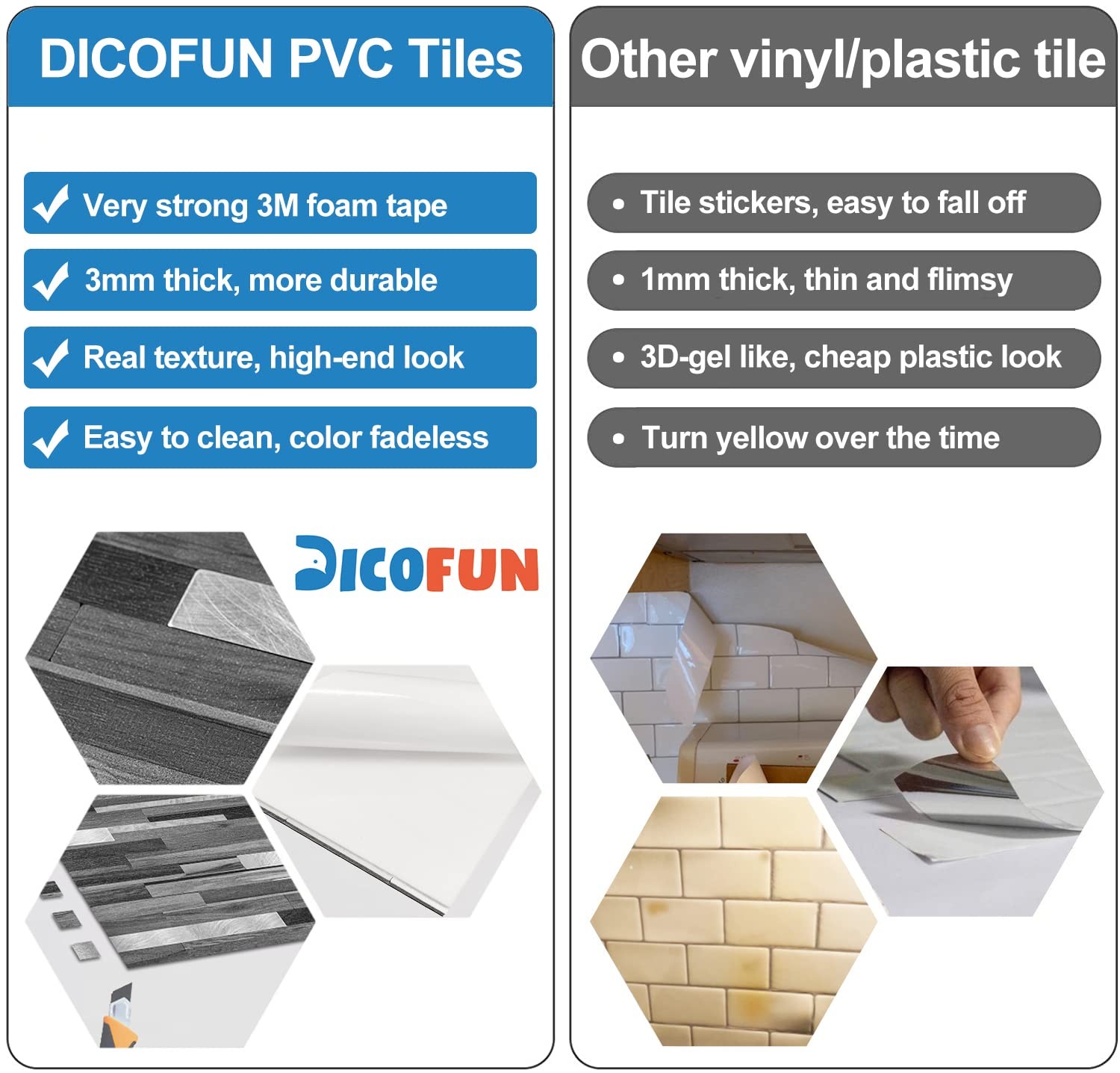 10-Sheet Peel and Stick Backsplash Tile, Black & Grey Wood Look PVC Mixed Met…