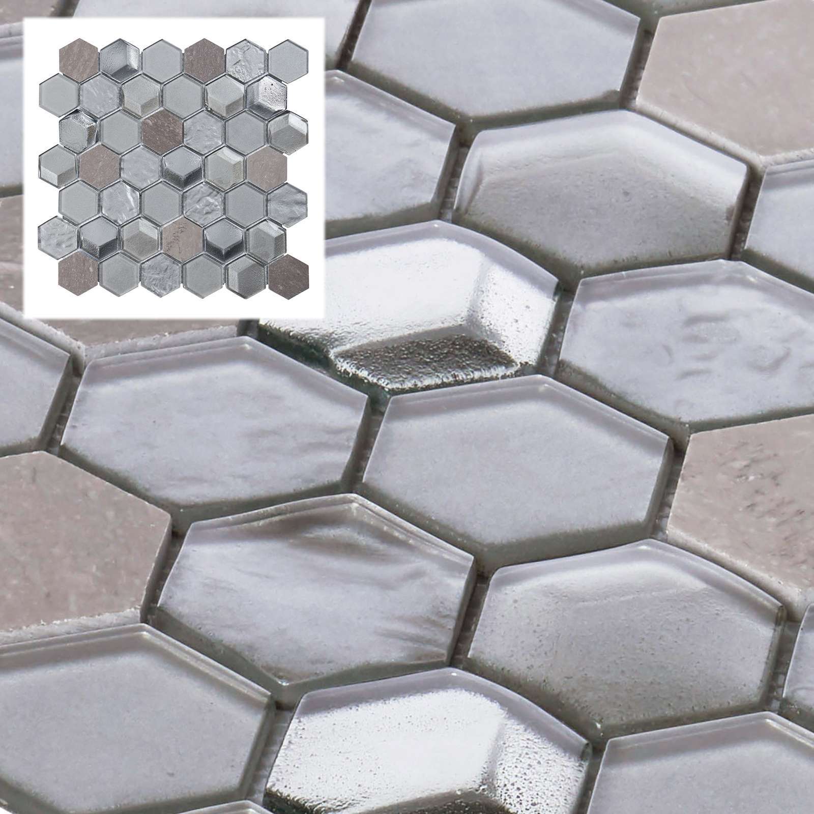 Hexagon Gray Metallic 3D Glass Marble Stone Mosaic Tile Kitchen Bath Backsplash
