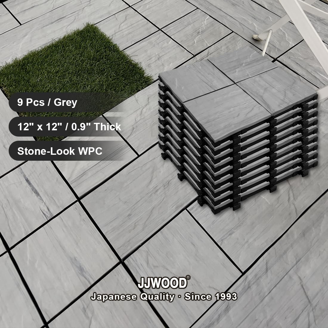 JJWOOD Stone-Look Interlocking Deck Tiles, 9 Pcs 12″ x 12″ WPC Patio Flooring…