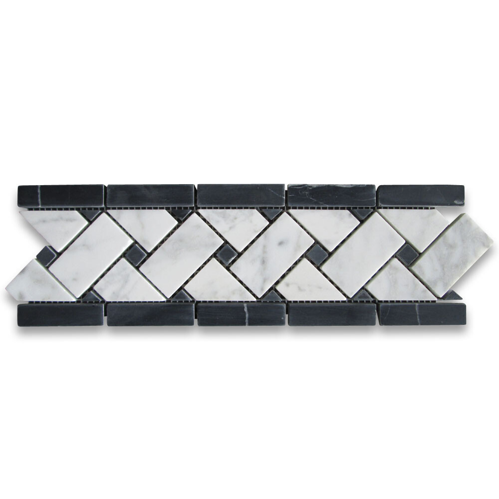 C651BXH Carrara Venato Marble Basketweave Mosaic Border 4×12 Black Dots Honed
