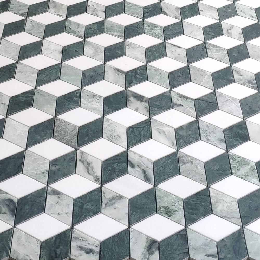 T34K2XH Thassos White Marble 3D Cube Rhombus Hexagon Mosaic Tile Green Honed