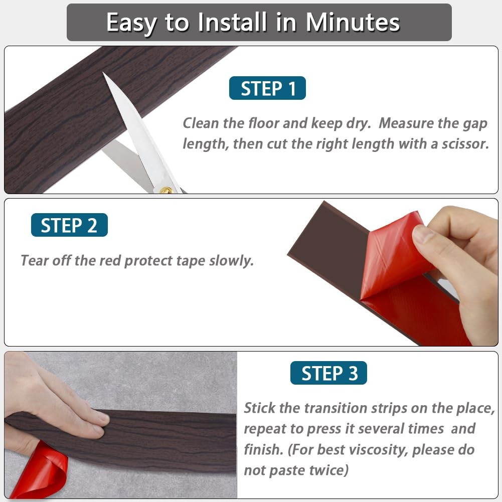 Self Adhesive Flat Vinyl Floor Transition Strip Wood Grain 3.28 FT Dark Walnut