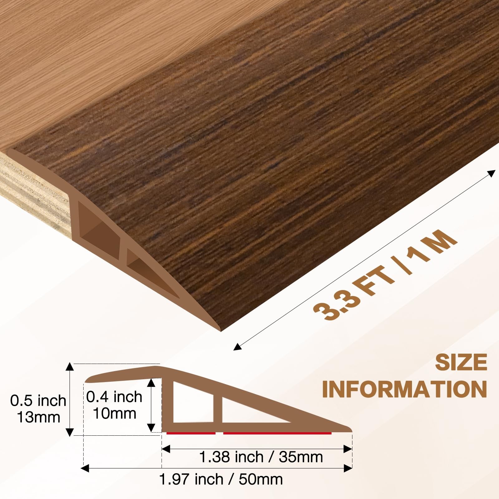 Floor Transition Strip Vinyl Door 1/5″ to 2/5″, 3.3Ft, Brown wood grain