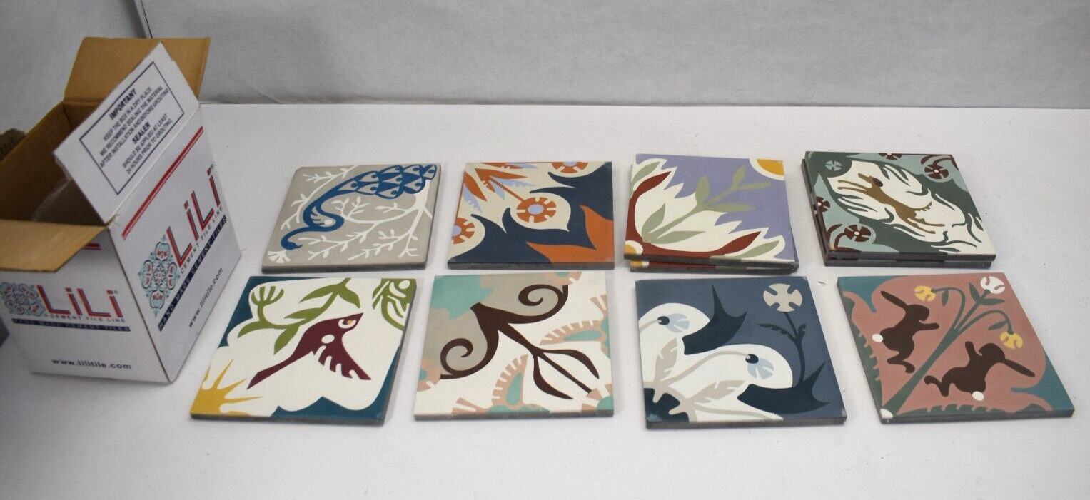 Lot of 10 LiLi Square Handmade Cement Tiles Assorted Styles 8″ x 8″ Inserts