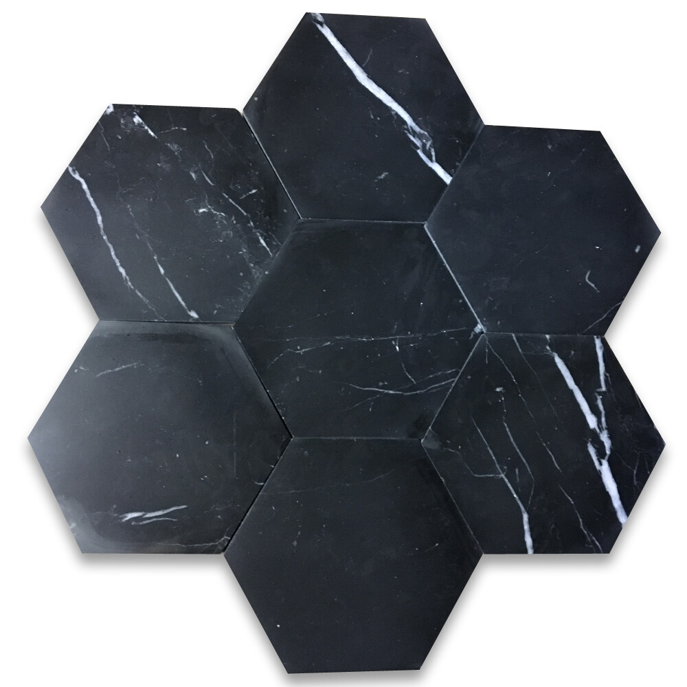 N36P Nero Marquina Black Marble 6 inch Hexagon Tile Polished
