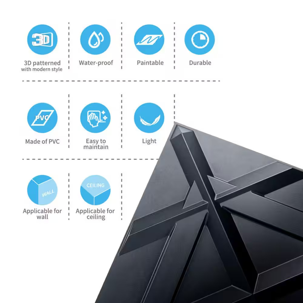 1/16 In. X 19.7 In. X 19.7 In. Black 3D PVC Wall Panel, Decorative Wall Tile in