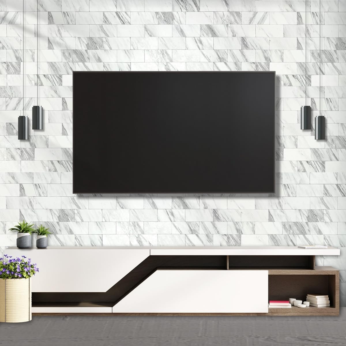 100-Piece White Marble Look Peel and Stick Backsplash Wall Tiles, 3″ x 6″ PVC…
