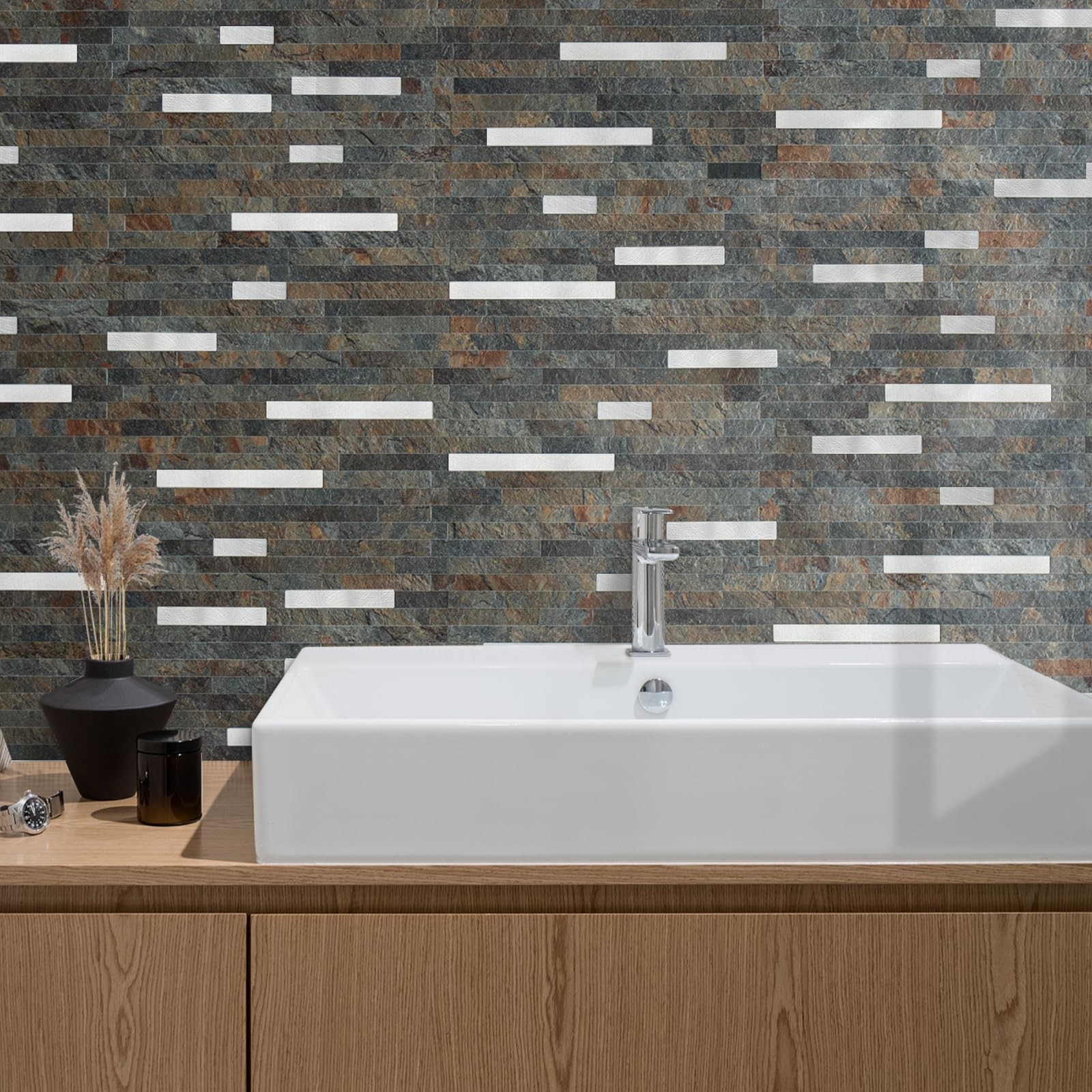 AULIGET 20 Sheets Rust Slate Peel and Stick Backsplash, PVC Mixed Metal Silve…