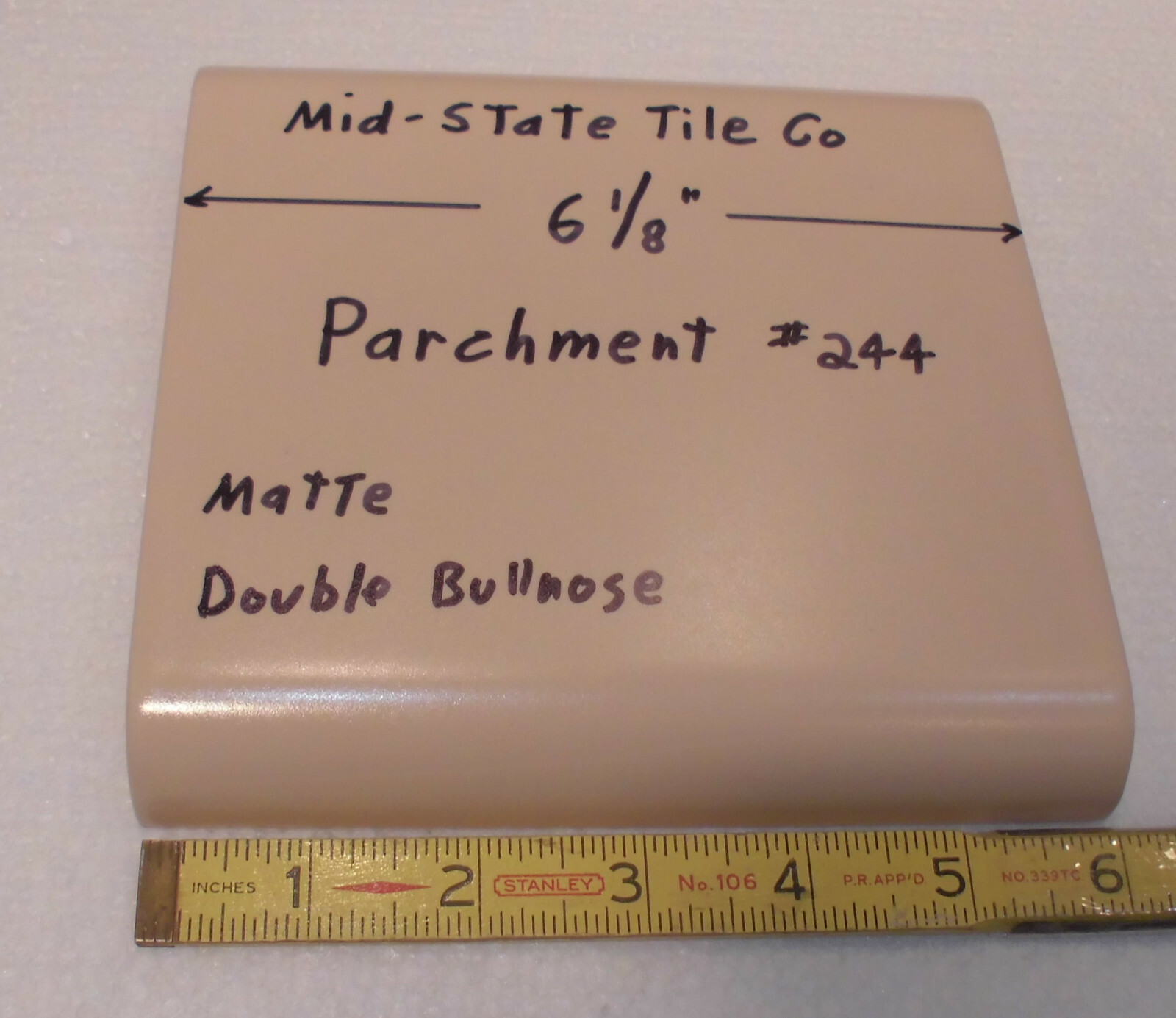1 pc. Light Brown – Parchment; 6 1/8″ Double Radius Bullnose Glossy Ceramic Tile