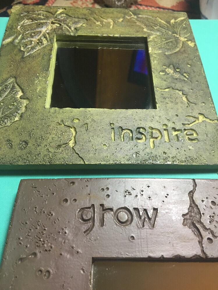 PAIR OF HAND-MADE INSPIRATIONAL SMALL ART MIRRORS; PRESSED LEAVES INTO CLAY;