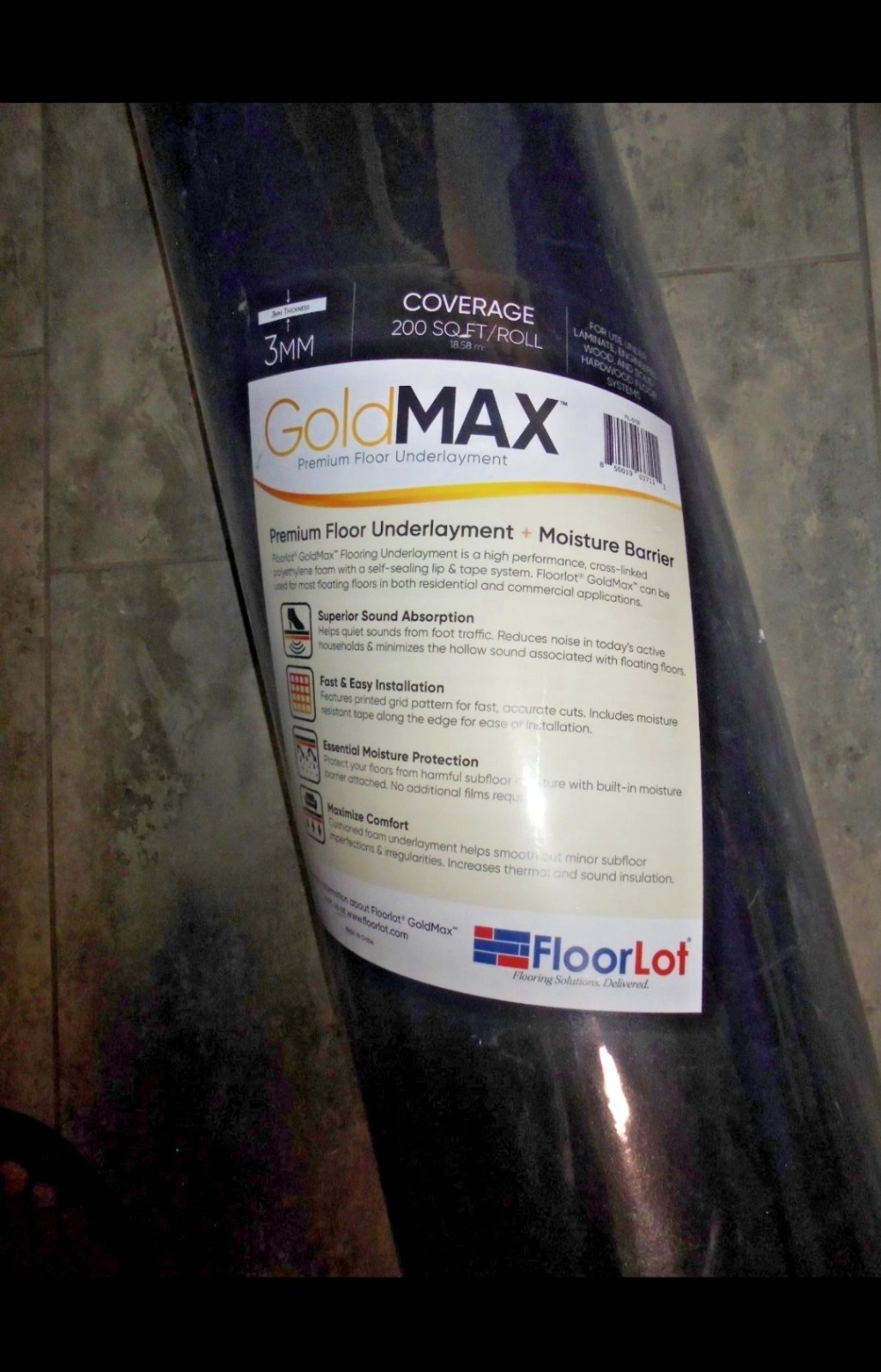 GoldMax Premium Floor Underlayment – 200 sqft Roll – 3mm Thick – with Moist. Bar