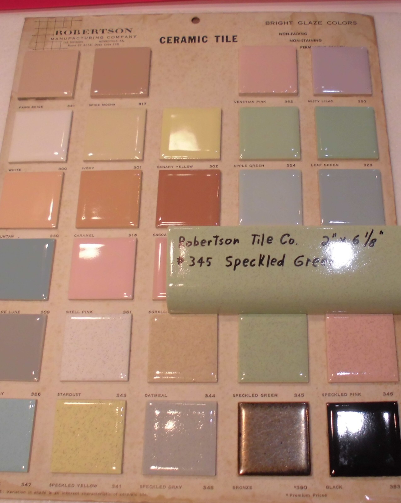 1 pc. Speckled Green: Ceramic Tile; 2″ X 6-1/8″ Radius Bullnose by Robertson Co.