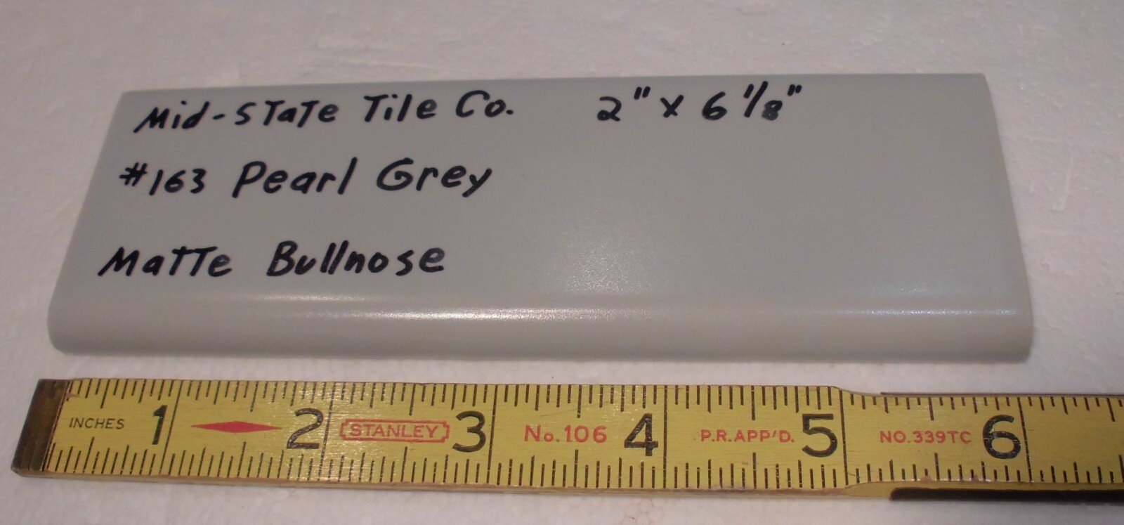 1 pc. Vintage Matte *Pearl Gray* 2” X 6-1/8” Surface Bullnose Ceramic Tile, NEW