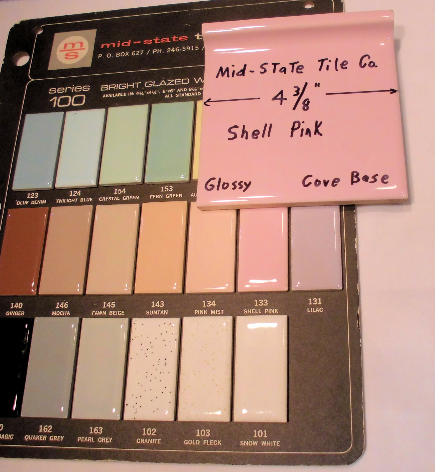 1 pc. Cove-Base Ceramic Tile *Shell Pink* 4-3/8″ Mid-State Co. Glossy; stack on