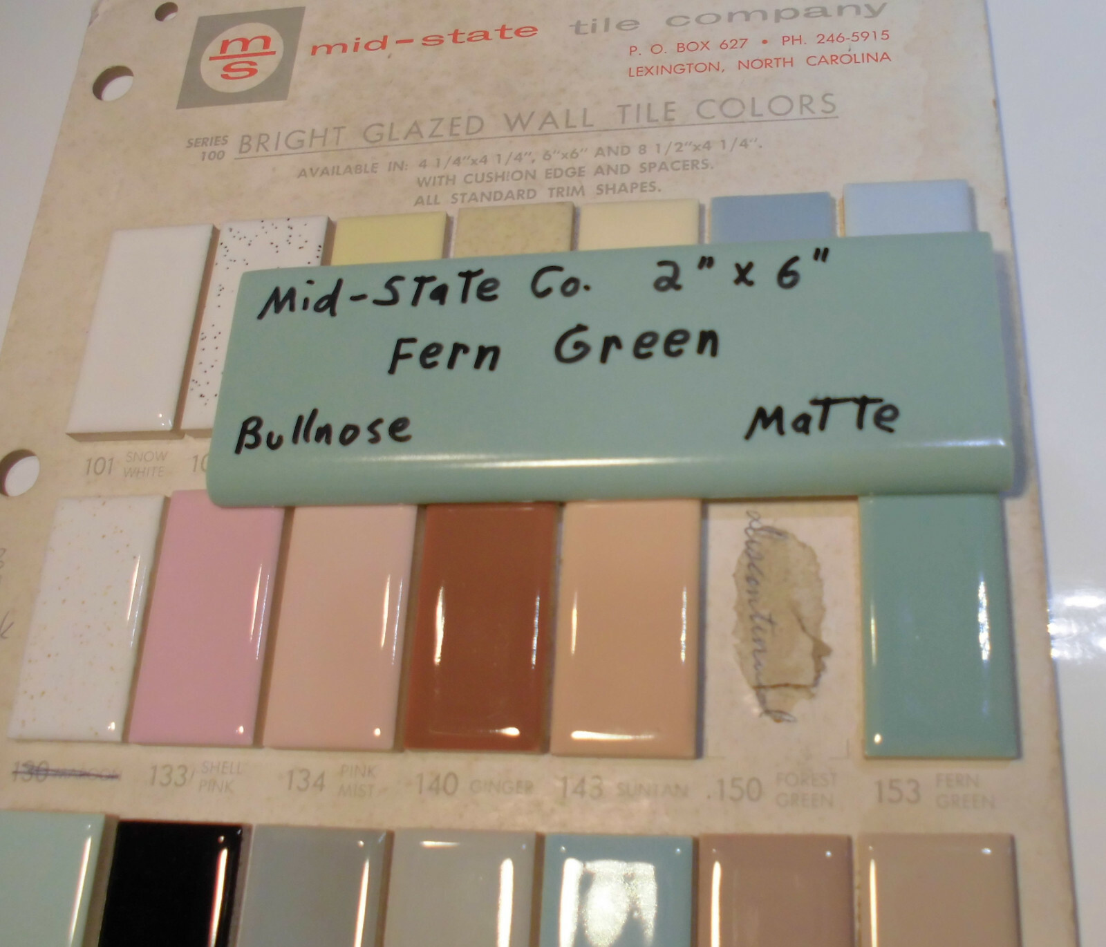 1 pc. Vintage *Fern Green* 2” X 6” Matte Ceramic Bullnose Tile by Mid-State Co.