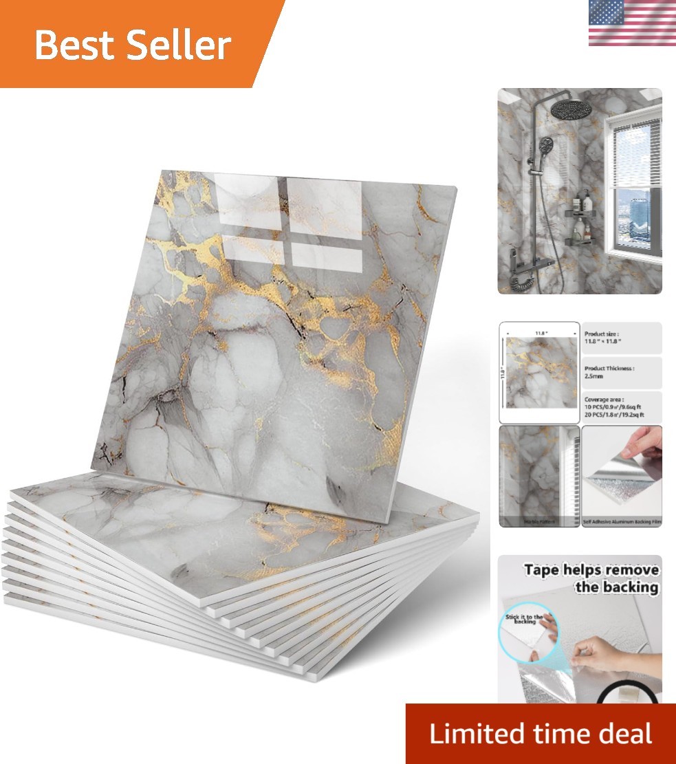 Self-Adhesive 11.8” Marble Wall Tiles – 20PC Waterproof PVC Panels in Gold