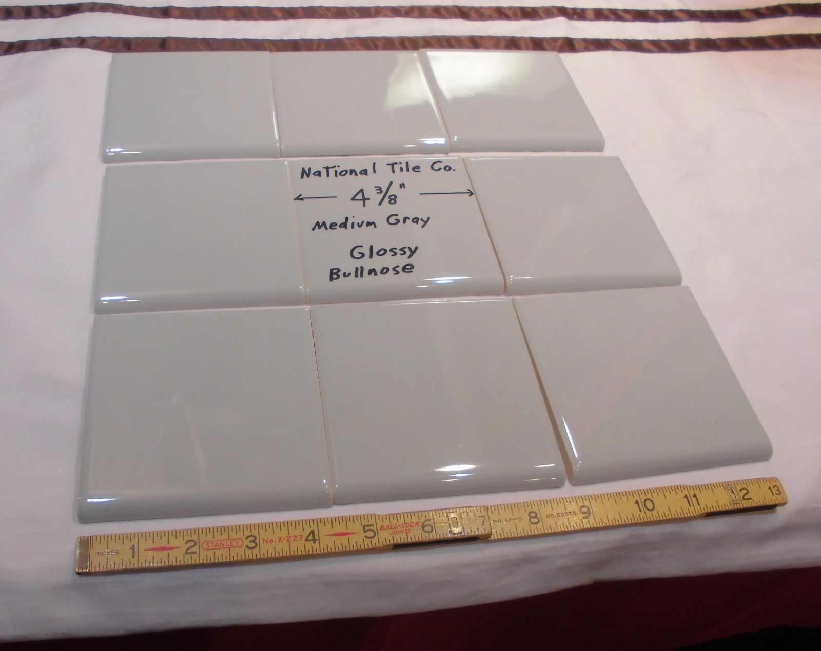 9 pcs. Vintage *Medium Gray* 4-3/8″ Glossy Ceramic Bullnose by National Tile Co.