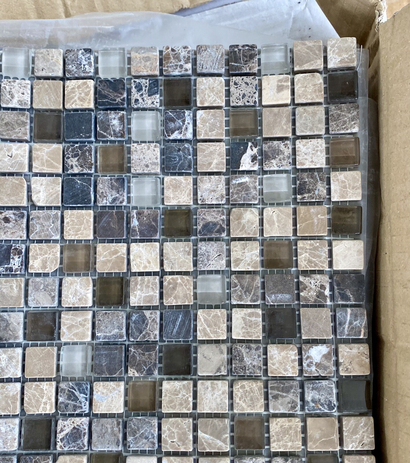 Stone & Glass Mini Mosaic 5/8” X 5/8 Tiles, ONE Sheet. Neutral Colors.
