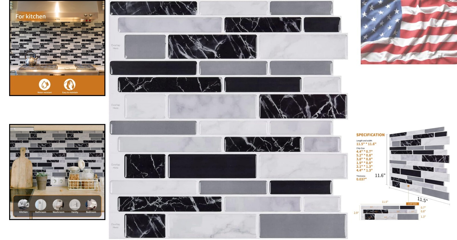 Elegant Striped Black Vinyl Backsplash Tiles 12″x12″ – Washable & Durable Design