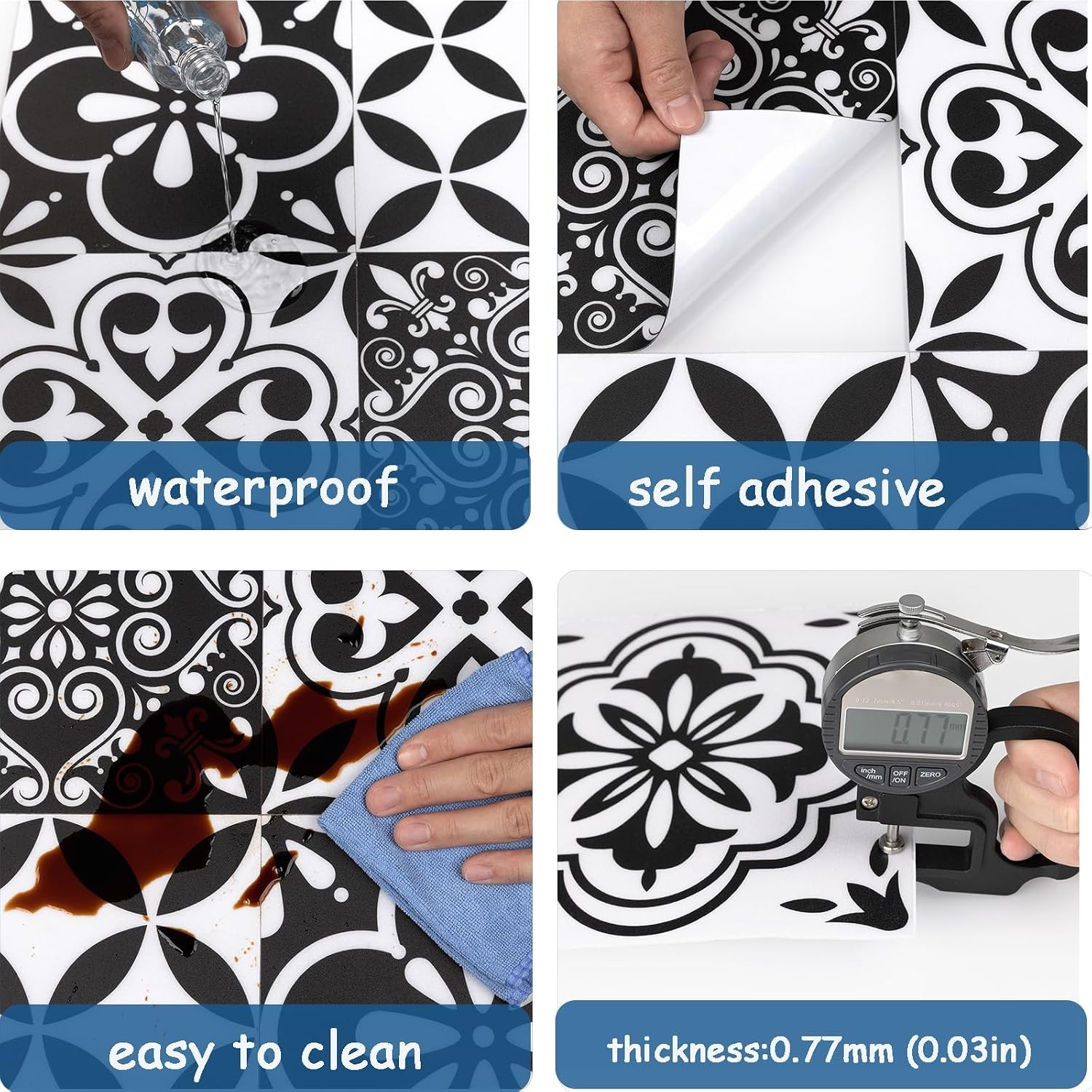 Peel and Stick Floor Tile Black and White, Vinyl Flooring 7.87in X 7.87in,