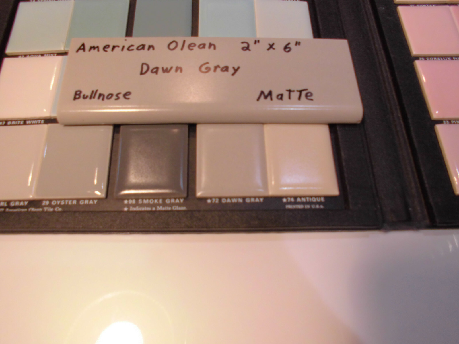 1 pc. Vintage Matt Ceramic Bullnose Tile 2” X 6” Dawn Gray; by American Olean