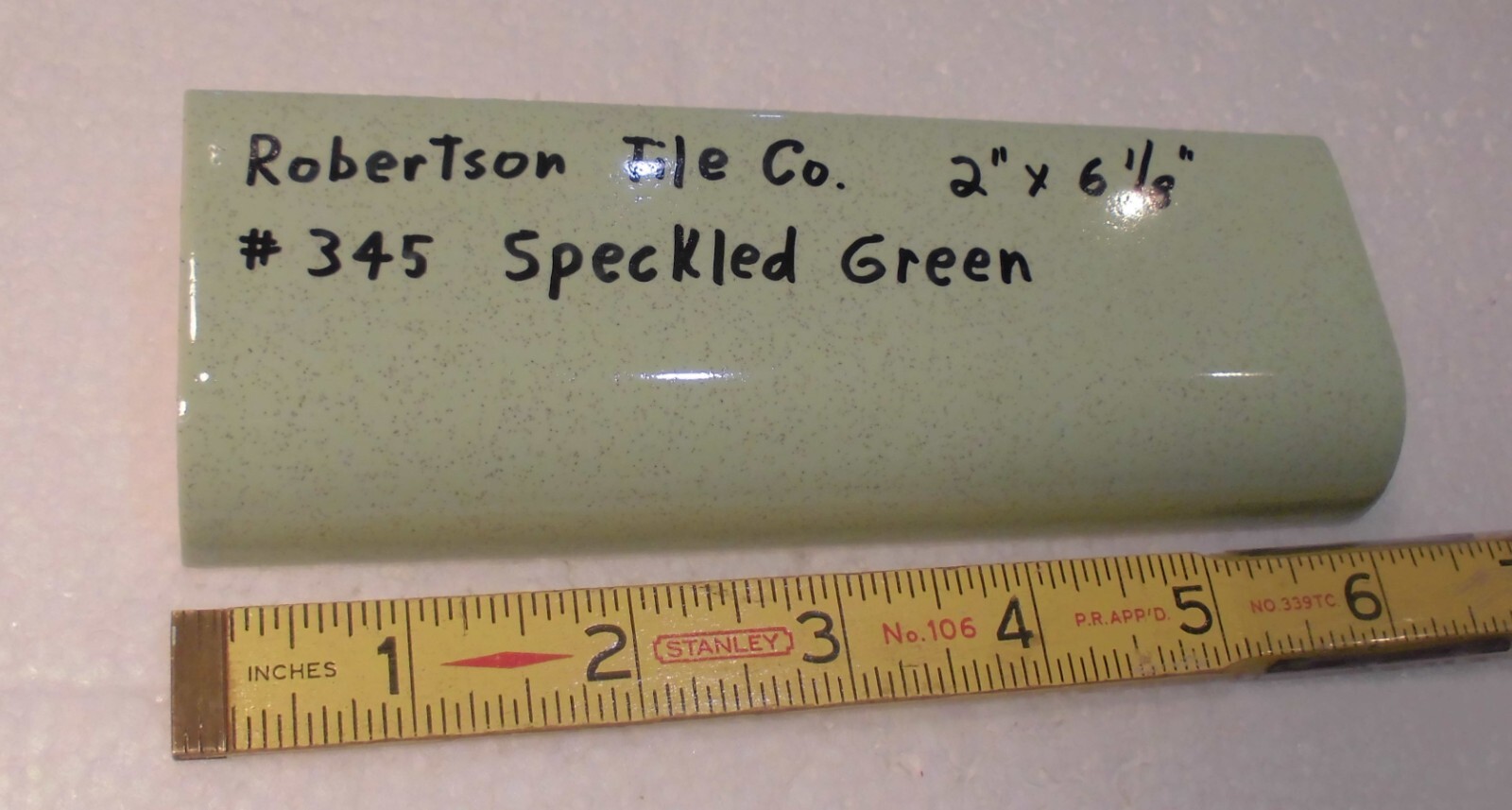1 pc. Stardust Green: Ceramic Tile; 2″ X 6-1/8″ Radius Bullnose by Robertson Co.