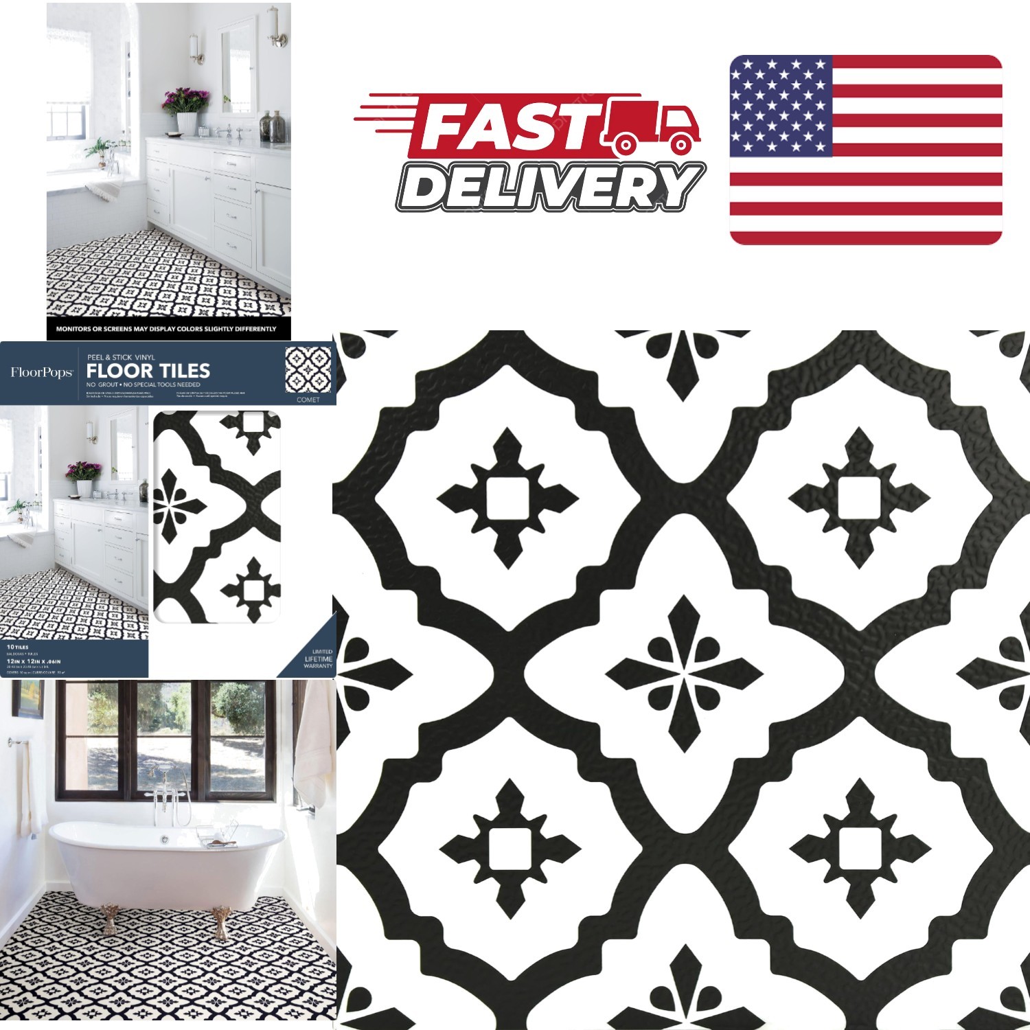 Easy Install Peel and Stick Floor Tiles 12 Inch Black Geometric Vinyl Pack of 10