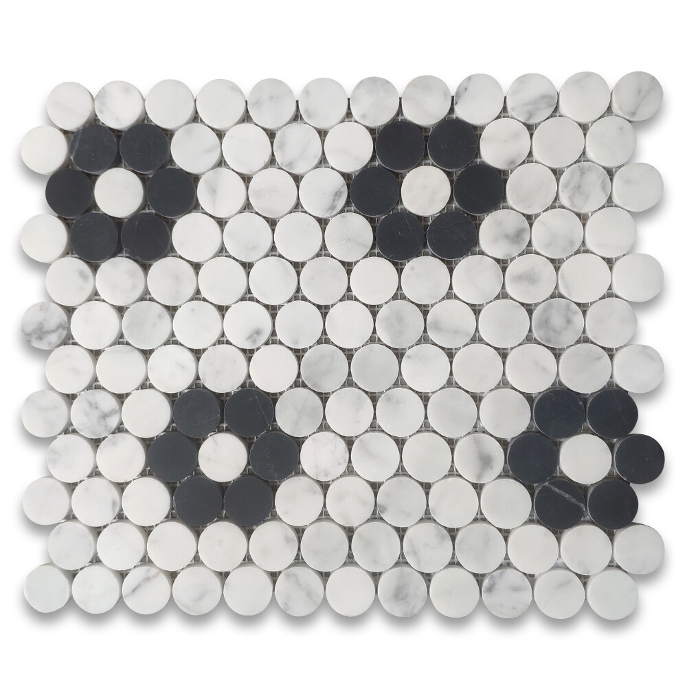 C93LF1XH Carrara White Marble Penny Round Rosette 1″ Mosaic Tile Marquina Honed