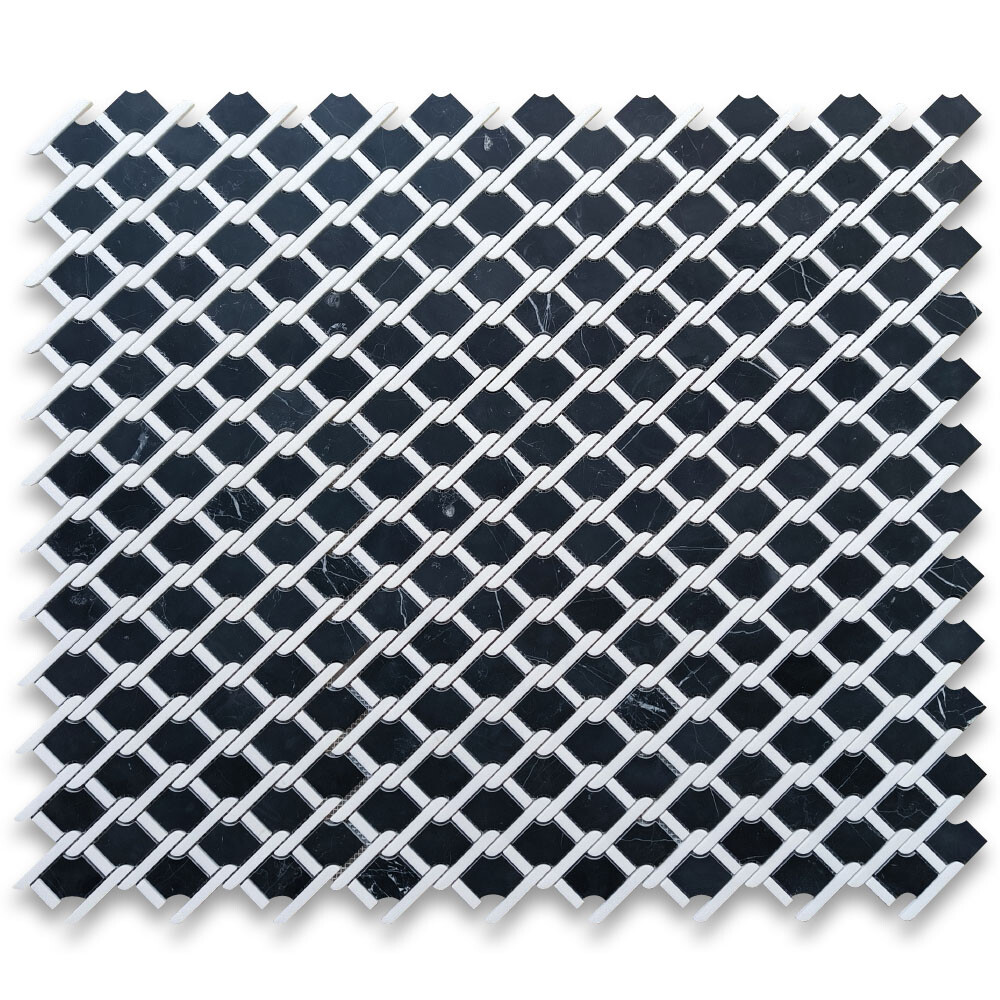 N2D5XH Nero Marquina Black Marble Princess Weave Rope Mosaic Tile White Honed