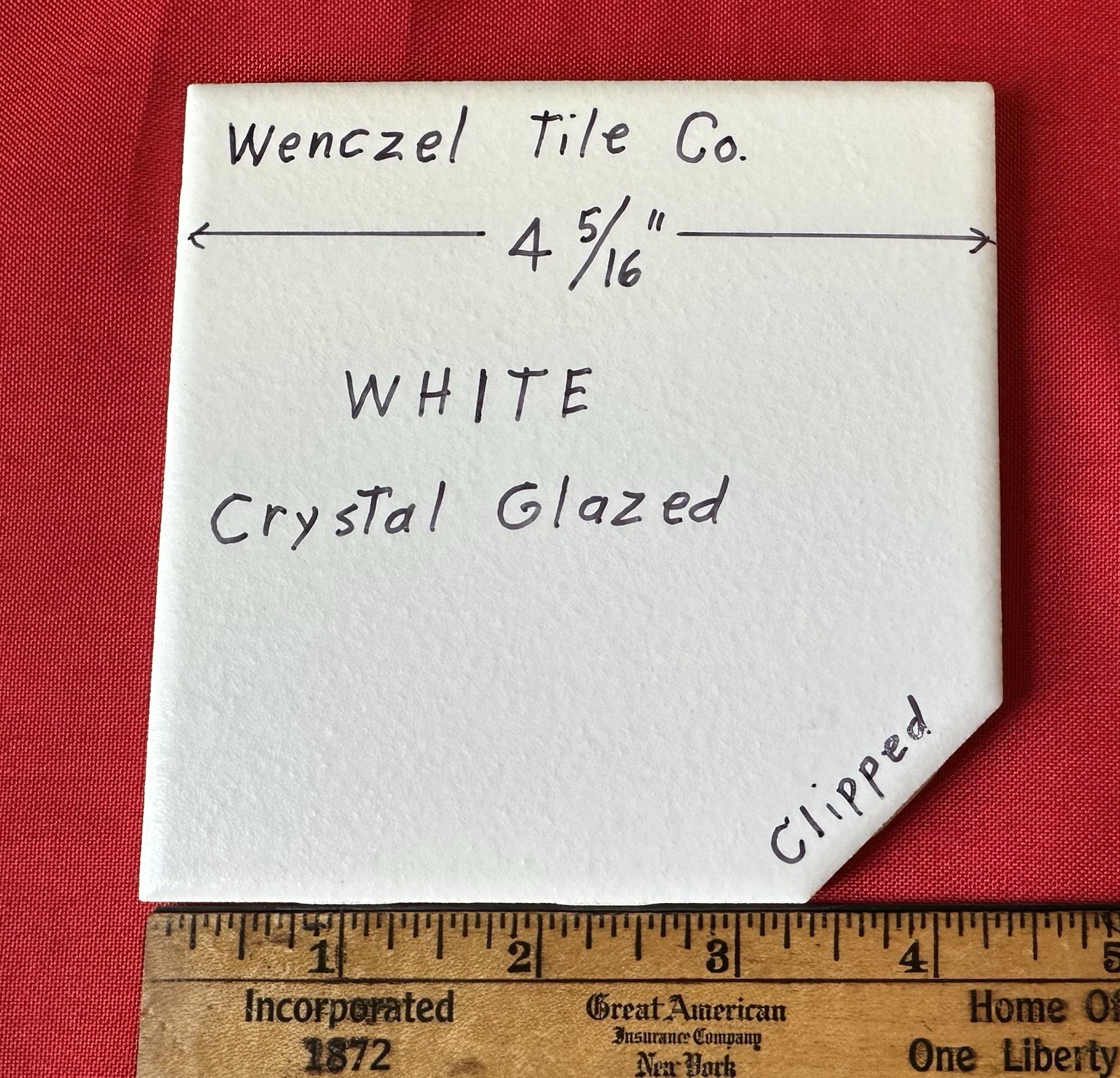 1 pc. White Crystal Glazed: Ceramic Tile by Wenczel Co. 4-5/16, Clipped Corner
