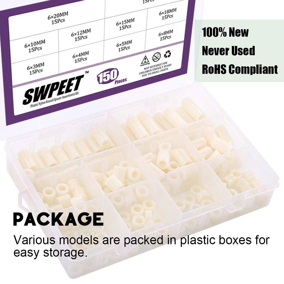 Swpeet 150Pcs Nylon Round Spacer Standoff Screw Nut One Size, White