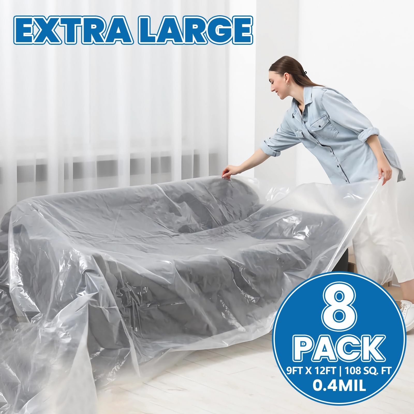 8 Pack Plastic Drop Cloth, 9 x 12 Feet Plastic Sheeting, Painter’s Sheeting &…