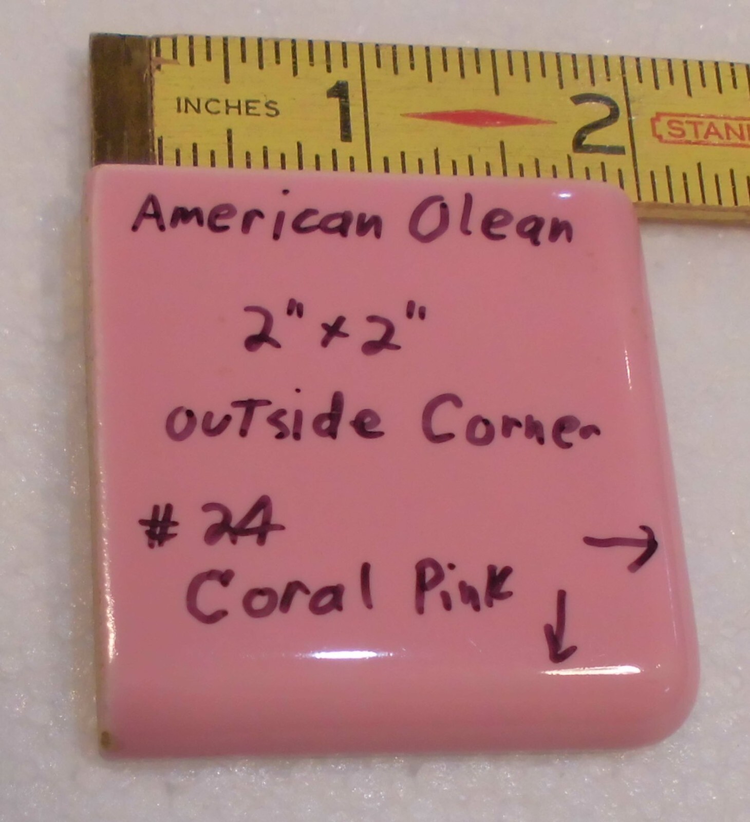 1 pc. Coral Pink: 2″ X 2″ X 5/16″ Glossy Ceramic Surface Bullnose Corner Tile