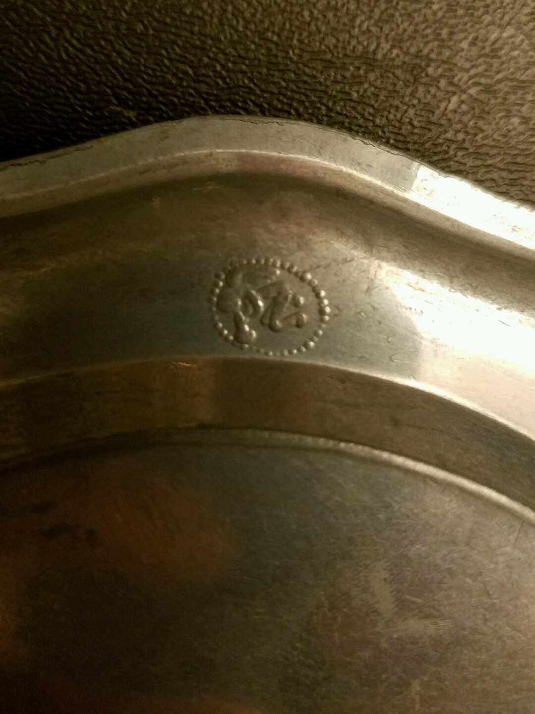 Vintage Pewter & Ceramic Porcelain Plate Flowers Hanging Trivet Stamped 6″