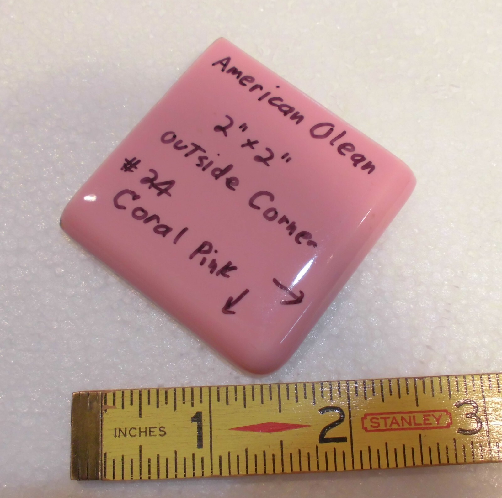 1 pc. Coral Pink: 2″ X 2″ X 5/16″ Glossy Ceramic Surface Bullnose Corner Tile