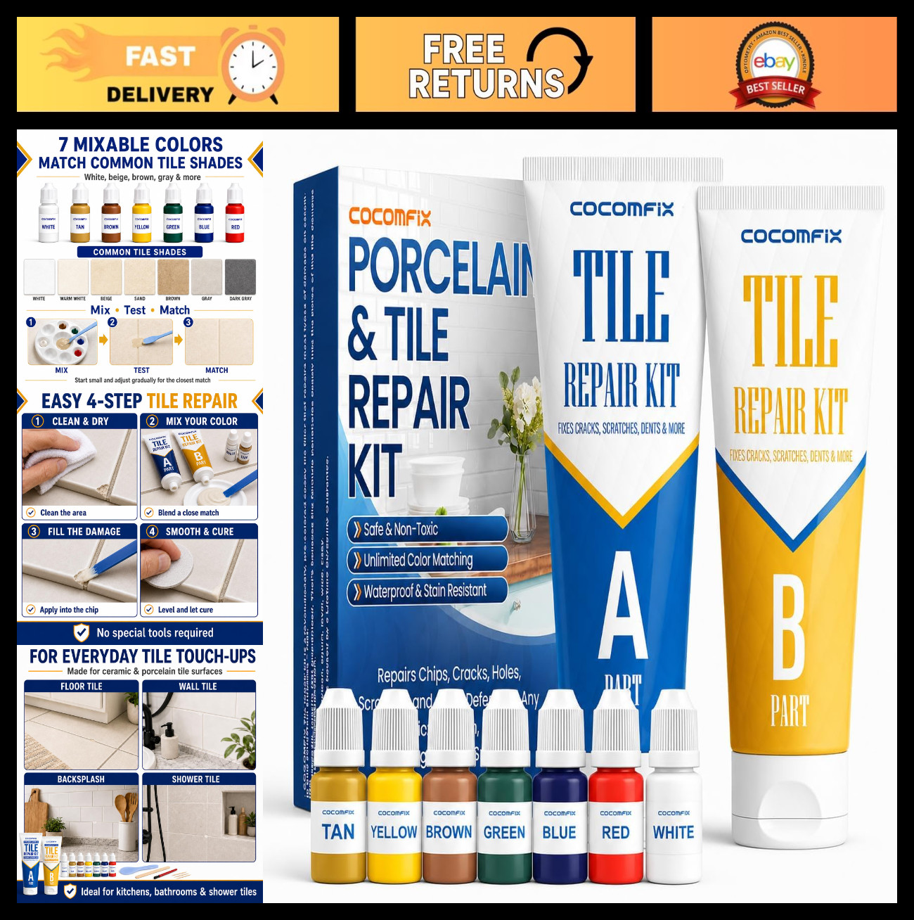 Tile Repair Kit for Chips & Cracks – Color Match, Strong Adhesion for Ceramic, P
