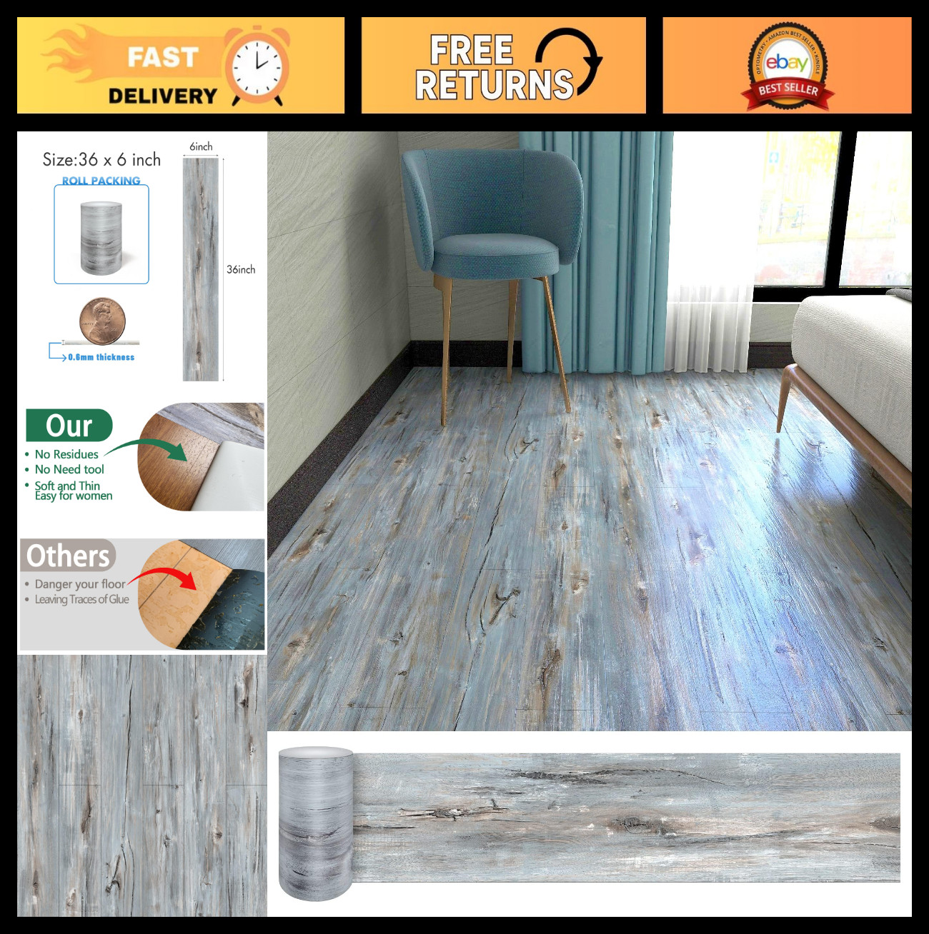 Waterproof Peel and Stick Wood Grain Floor Tiles – 36″x6″, Self-Adhesive DIY, 72