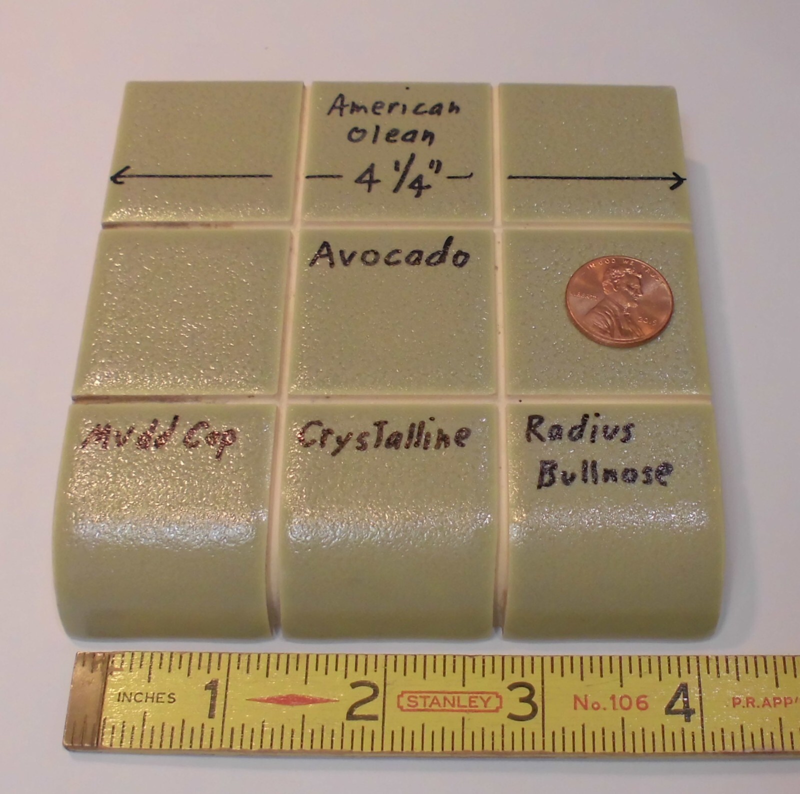 1 pc. Ceramic Radius Bullnose Tile: Avocado Crystalline: American Olean 4-1/4″