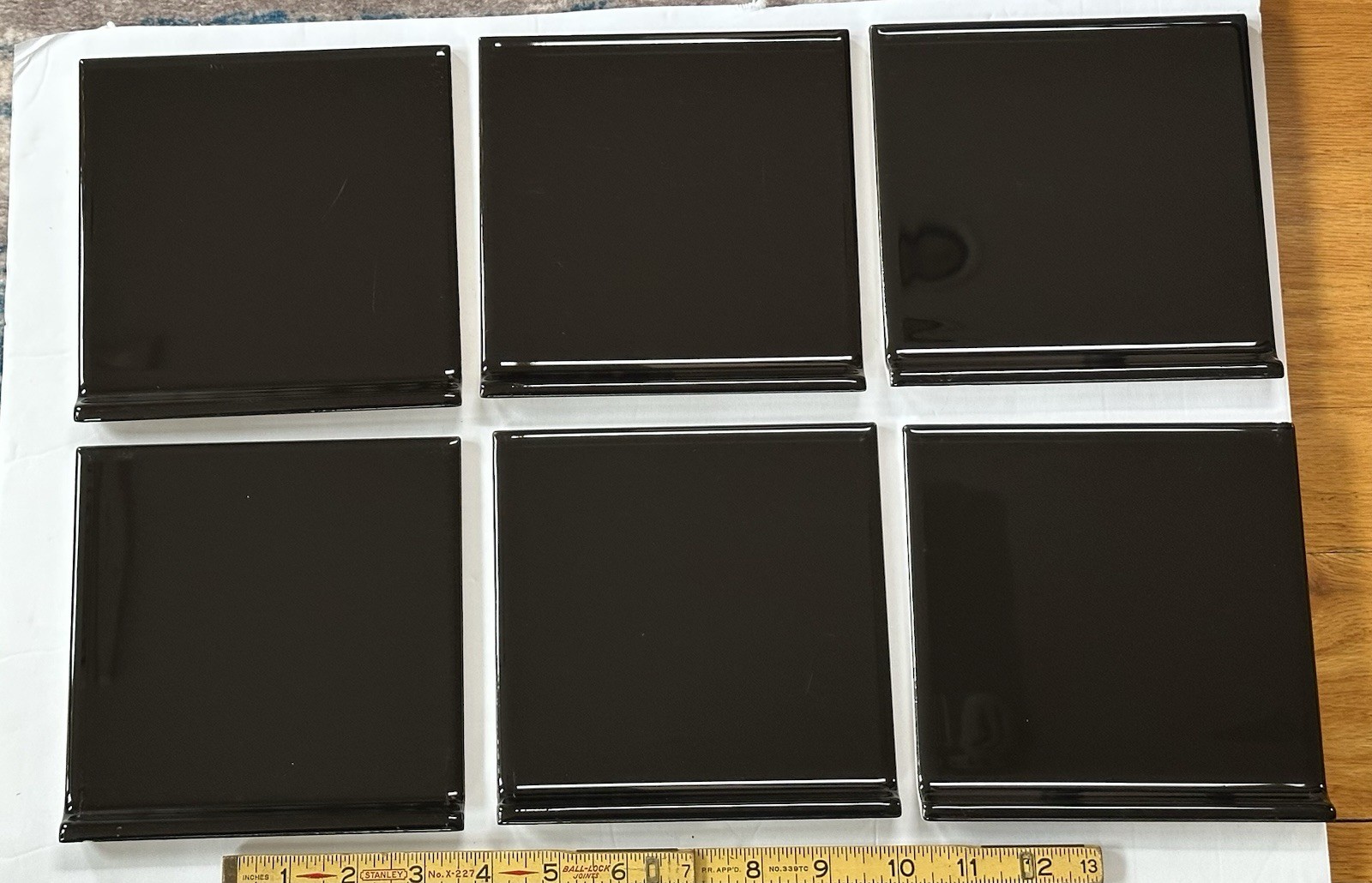 lot of 6: Glossy Black: Flat Top; base/cove Ceramic Tile: 6″ X 6″ with Defects