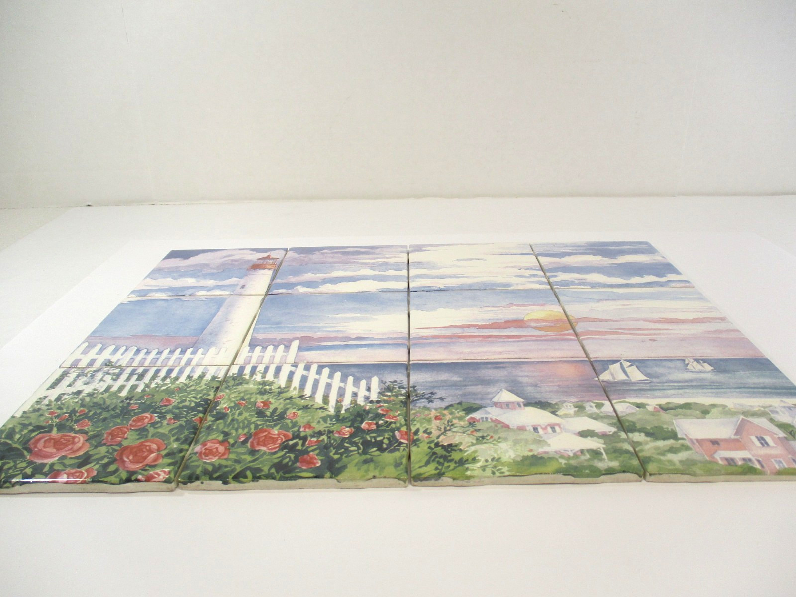 Vtg Ceramic 4.25″ Tile Mural Kitchen Backsplash Paul Brent OCEAN VIEW LIGHTHOUSE