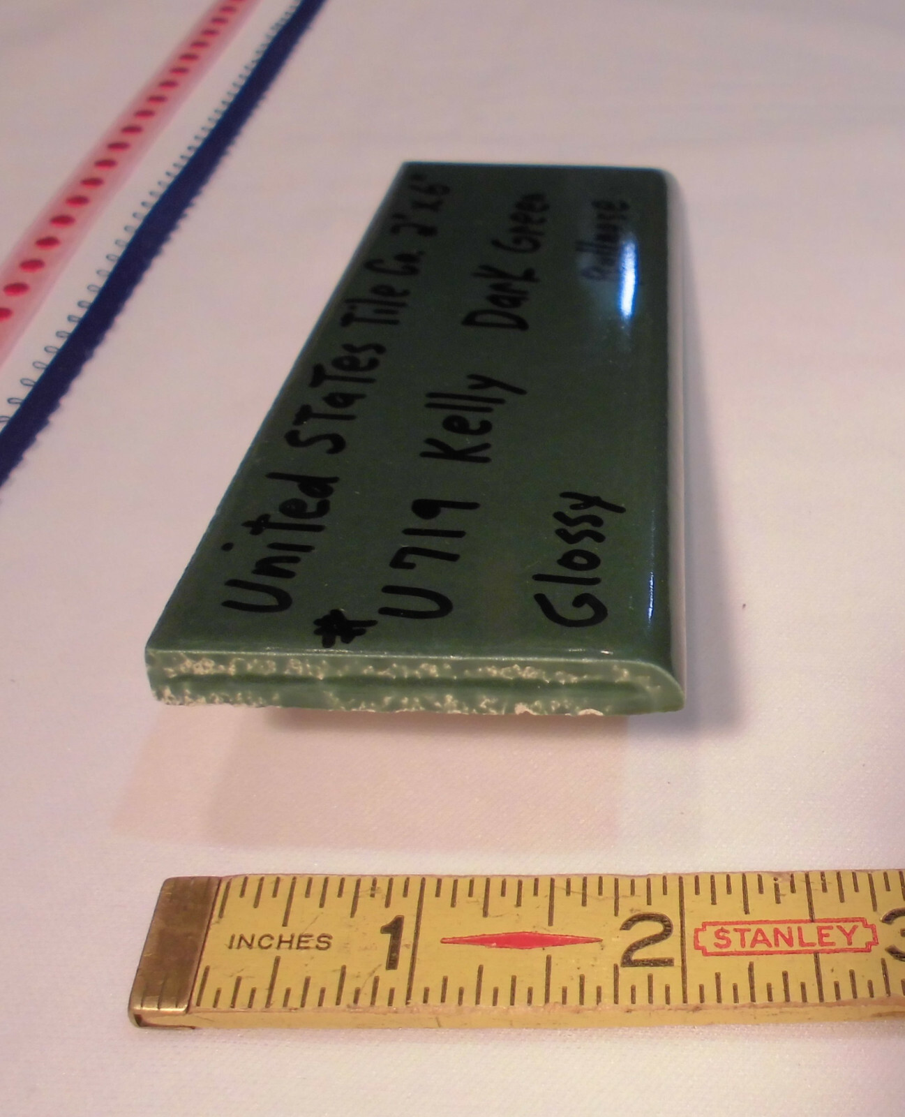 1 pc. Dark Greenest-Blue; Glossy Bullnose Surface Flat Ceramic Tile; NOS , USA