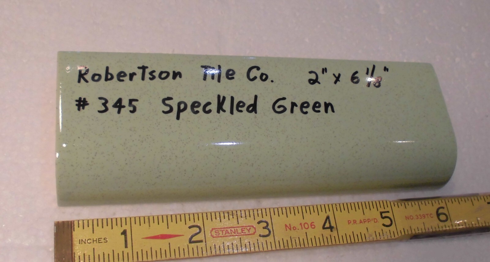 1 pc. Stardust Green: Ceramic Tile; 2″ X 6-1/8″ Radius Bullnose by Robertson Co.