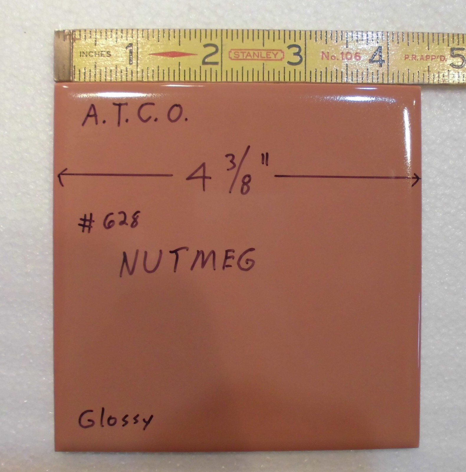 1 pc. Medium Brown – Nutmeg: 4-3/8″ Glossy Ceramic Tile by ATCO, New Old Stock