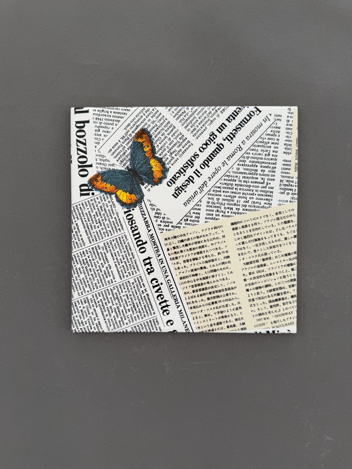 Fornasetti Newspaper & Butterfly Tile Pair 8×8 – Ceramica Bardelli Italy