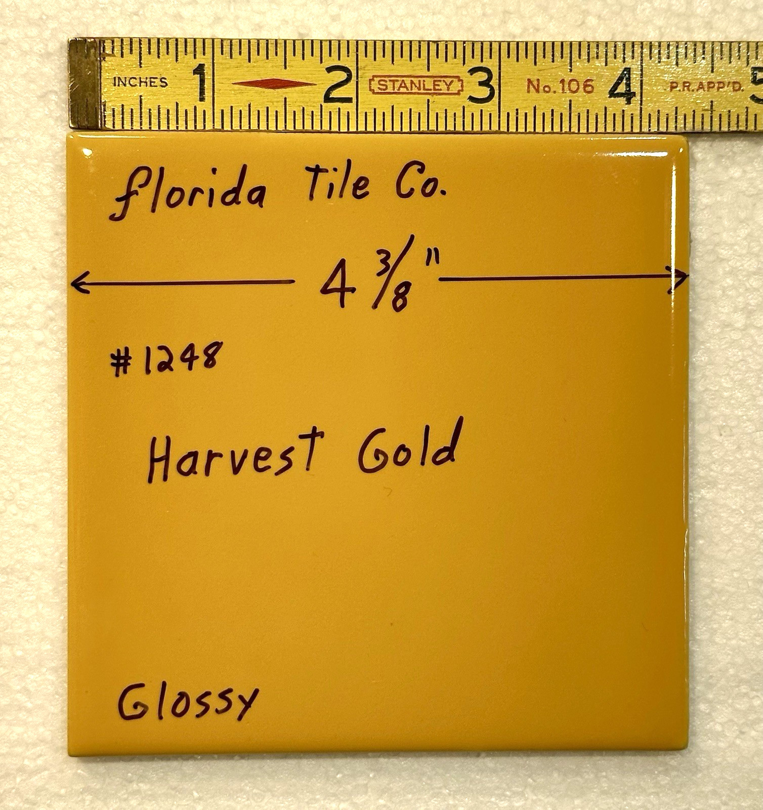 1 pc. Harvest Gold Yellow: 4-3/8″ Glossy Ceramic Tile by Florida Co. #1248 NEW