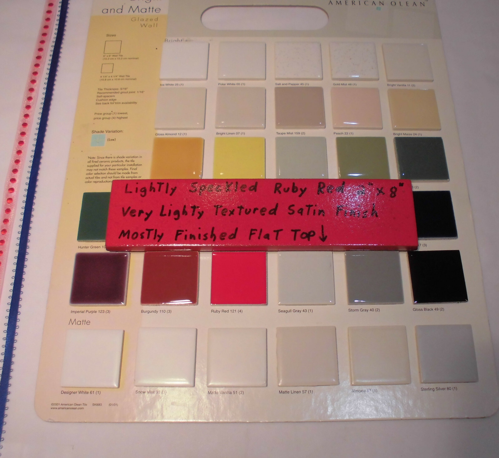 10 pcs. Ceramic Border Tiles *Liner/Sizzle *Ruby Red* 2″ X 8″ New, Satin, USA