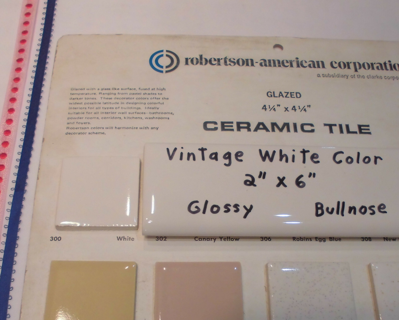 1 pc. *Vintage White* Glossy 2″ X 6″ Ceramic Surface/Flat Bullnose Tiles; NEW