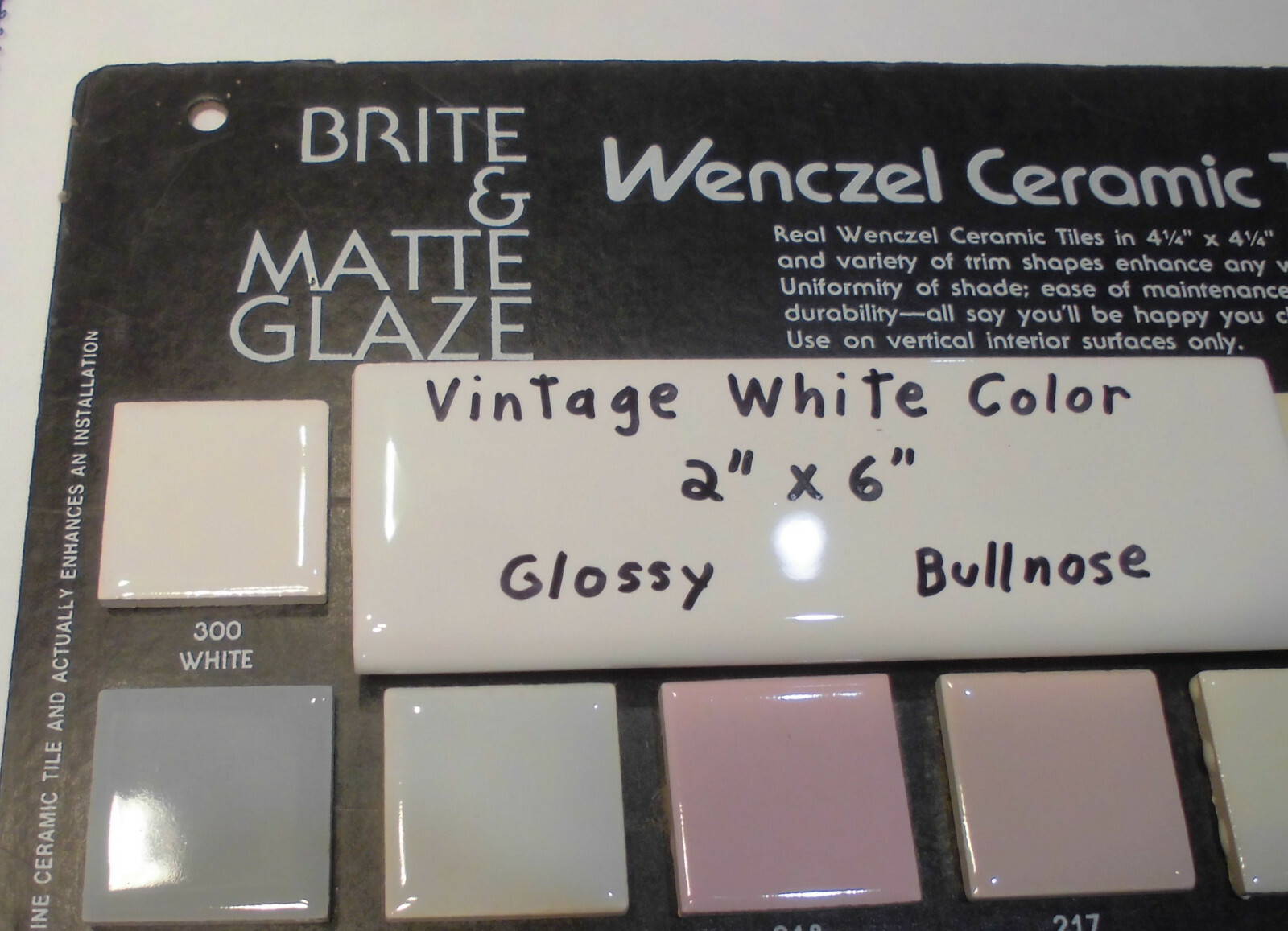 1 pc. *Vintage White* Glossy 2″ X 6″ Ceramic Surface/Flat Bullnose Tiles; NEW